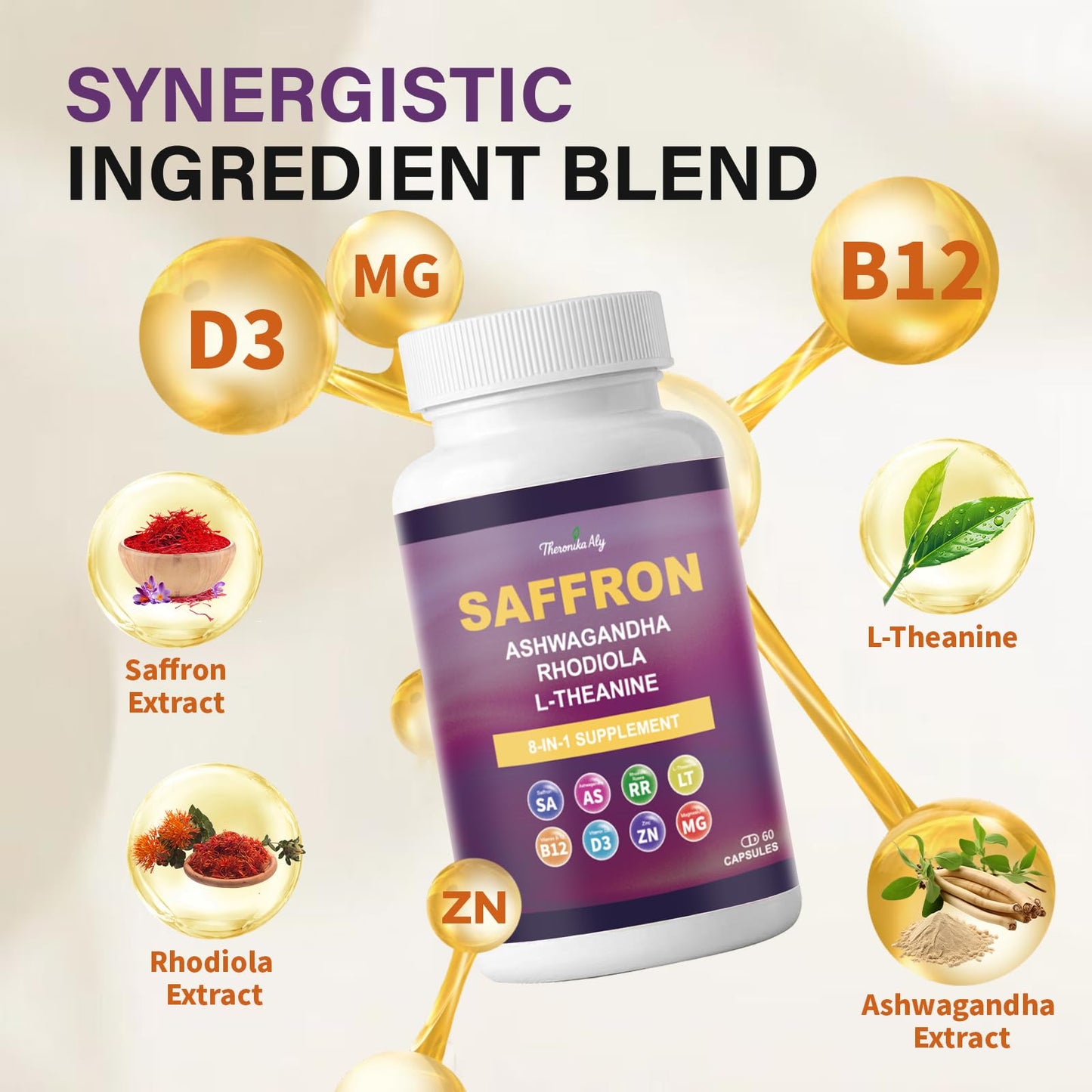 Theronika Aly Saffron Supplements – Blend with Ashwagandha, Safron, Rhodiola, Magnesium, L-Theanine, Zinc & B12, 88.5 mg Pure Saffron Extract Capsules Mood, Energy, Vision & Focus – 60 Vegan Capsules - dailyvitalstore