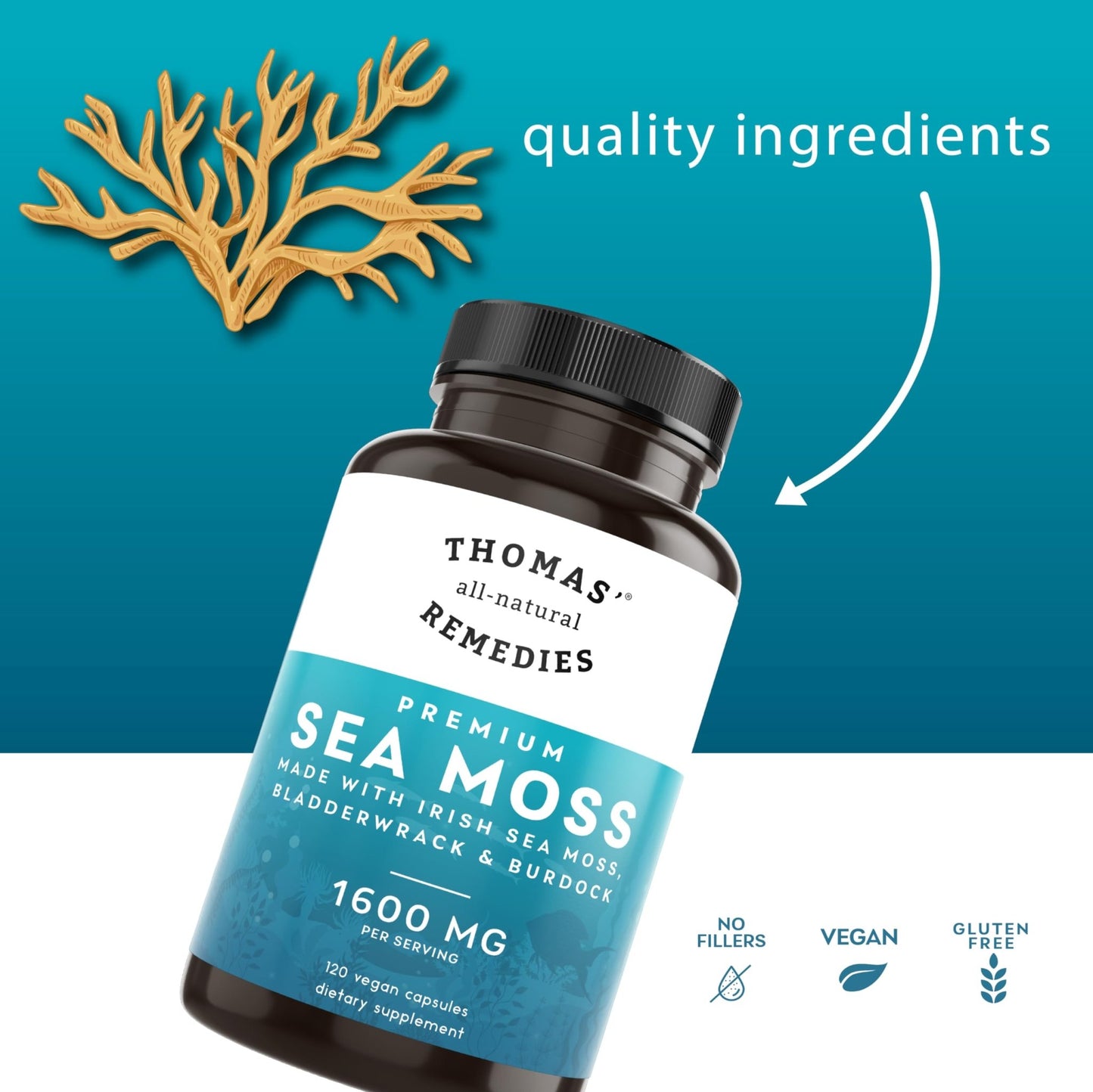 Thomas' all-natural Remedies Irish Sea Moss Capsules, Sea Moss with Bladderwrack & Burdock Root Organic for Gut Health, Digestion, Energy & Immune Support, 120 Seamoss Pills - dailyvitalstore