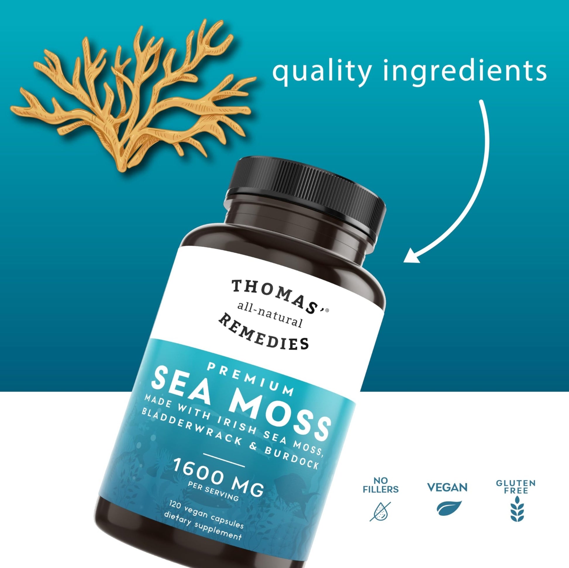 Thomas' all-natural Remedies Irish Sea Moss Capsules, Sea Moss with Bladderwrack & Burdock Root Organic for Gut Health, Digestion, Energy & Immune Support, 120 Seamoss Pills - dailyvitalstore