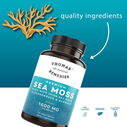 Thomas' all-natural Remedies Irish Sea Moss Capsules, Sea Moss with Bladderwrack & Burdock Root Organic for Gut Health, Digestion, Energy & Immune Support, 120 Seamoss Pills - dailyvitalstore