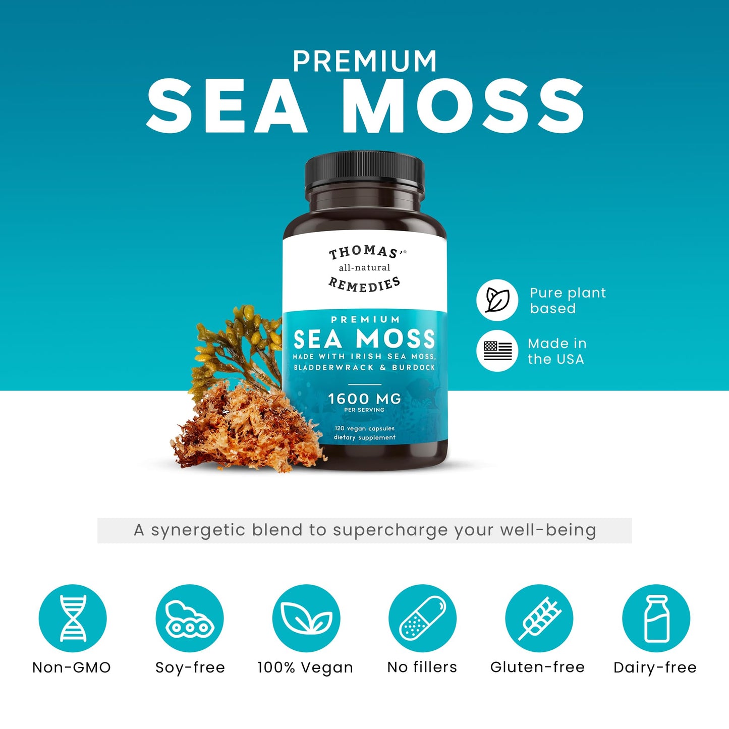 Thomas' all-natural Remedies Irish Sea Moss Capsules, Sea Moss with Bladderwrack & Burdock Root Organic for Gut Health, Digestion, Energy & Immune Support, 120 Seamoss Pills - dailyvitalstore