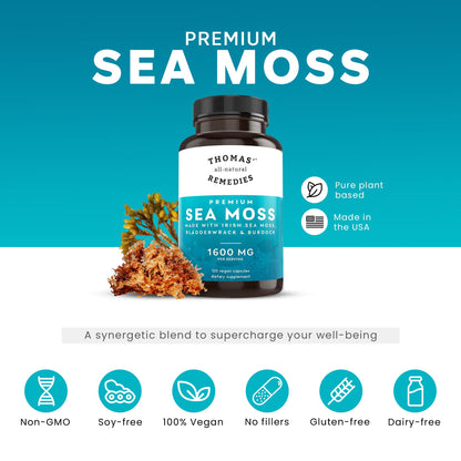 Thomas' all-natural Remedies Irish Sea Moss Capsules, Sea Moss with Bladderwrack & Burdock Root Organic for Gut Health, Digestion, Energy & Immune Support, 120 Seamoss Pills - dailyvitalstore
