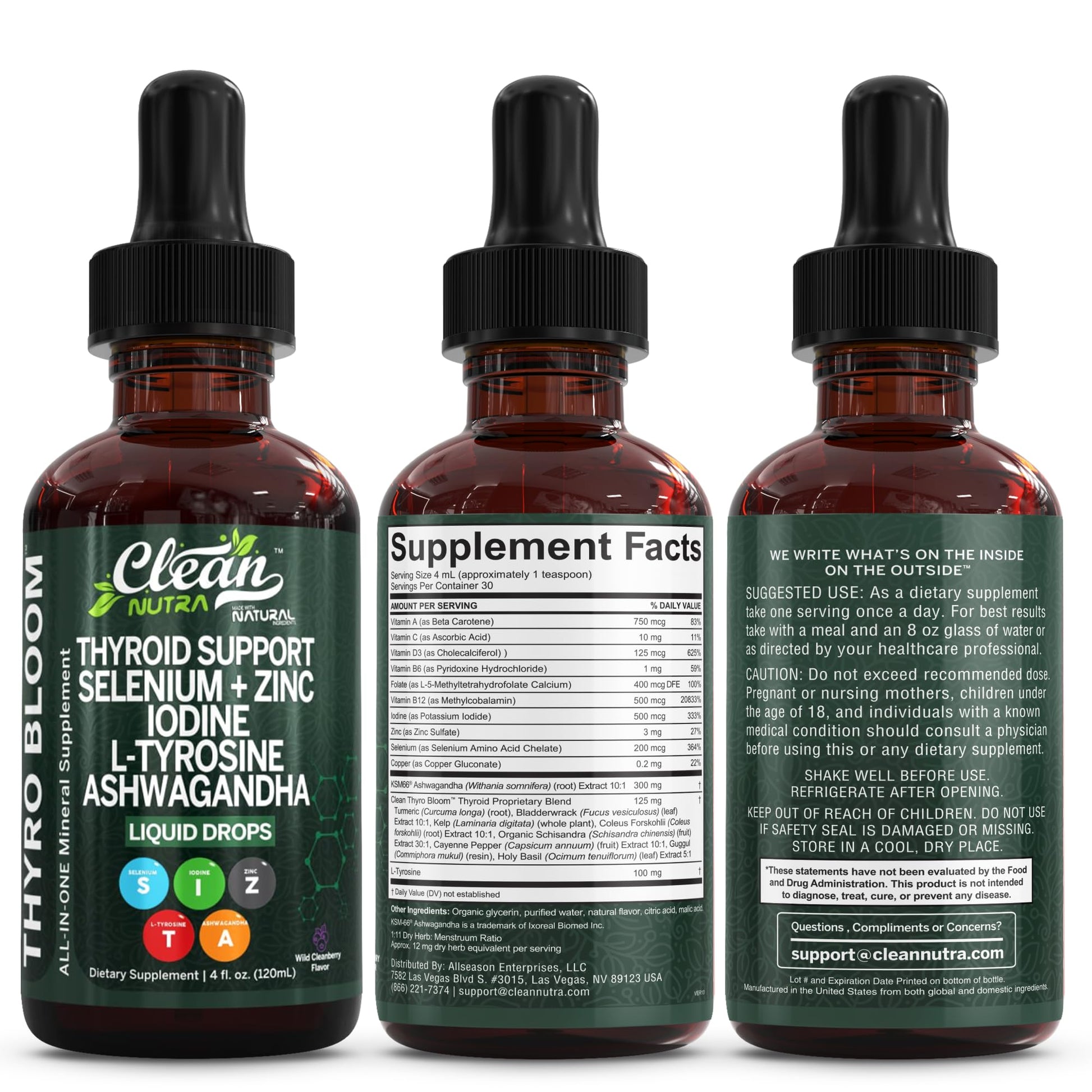 ThyroBloom Thyroid Support for Women Liquid Drops Iodine L-Tyrosine Selenium Copper Ashwagandha Zinc Kelp Bladderwrack Schisandra Guggul Turmeric Vitamin A D3 B12 - dailyvitalstore