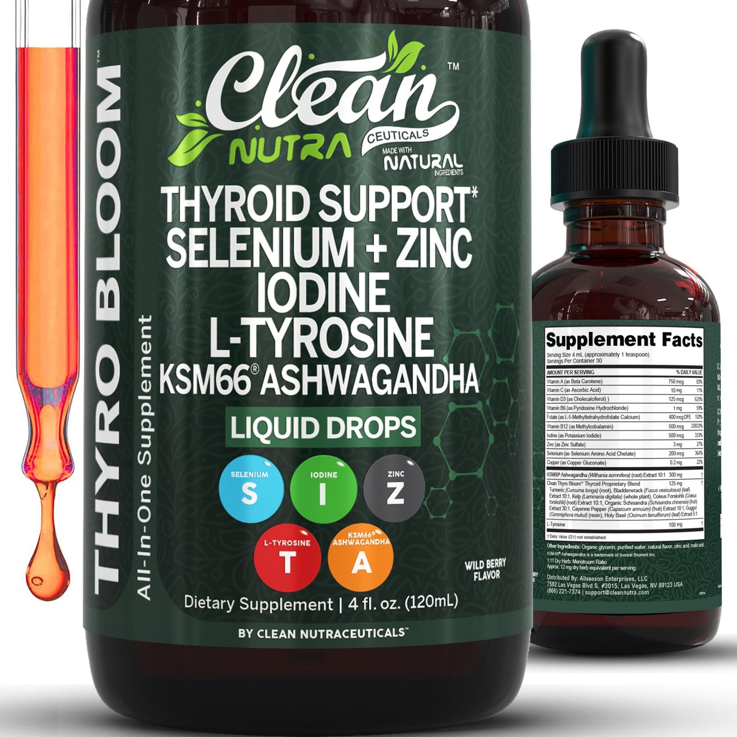 ThyroBloom Thyroid Support for Women Liquid Drops Iodine L-Tyrosine Selenium Copper Ashwagandha Zinc Kelp Bladderwrack Schisandra Guggul Turmeric Vitamin A D3 B12 - dailyvitalstore