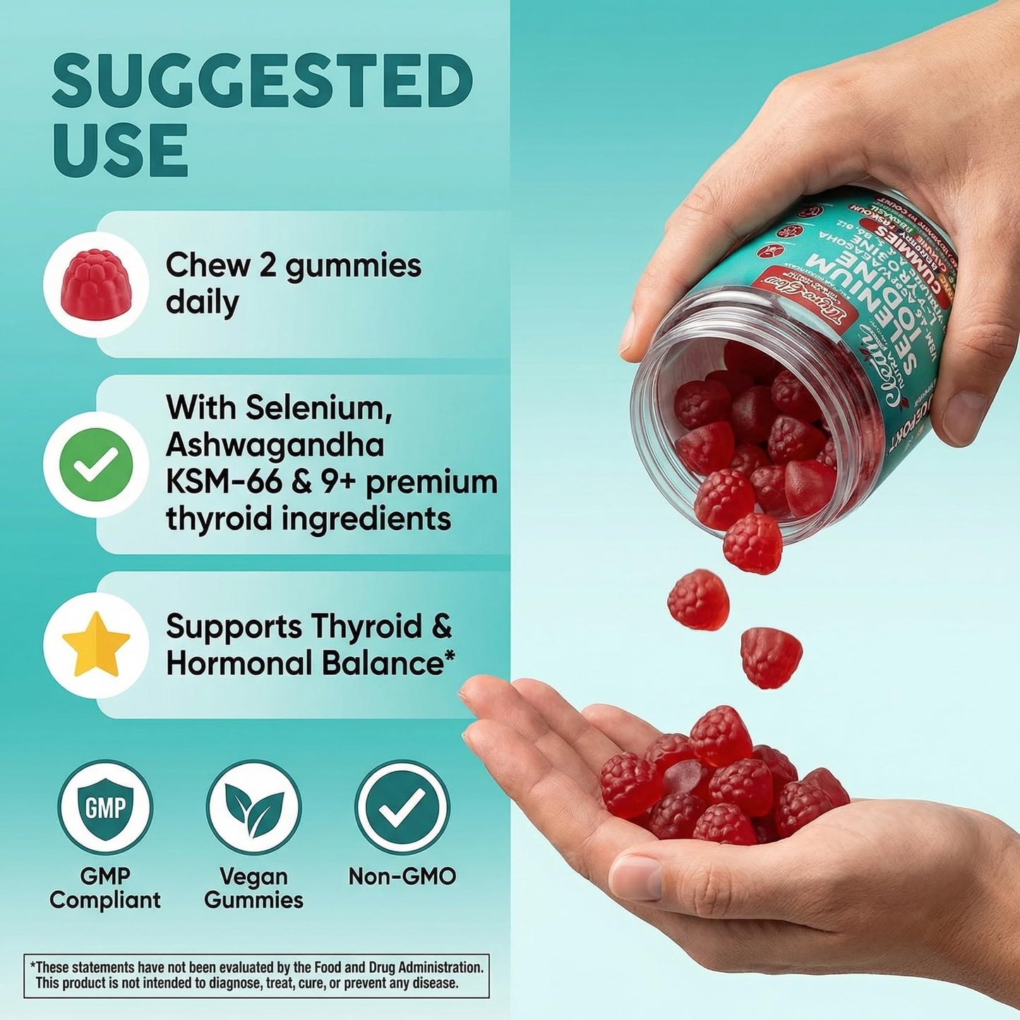 ThyroGlow Thyroid Support Gummies Selenium Iodine KSM 66 Ashwagandha L Tyrosine Vitamin D, C, B12, B6 Turmeric Blueberry Holy - dailyvitalstore