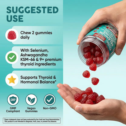 ThyroGlow Thyroid Support Gummies Selenium Iodine KSM 66 Ashwagandha L Tyrosine Vitamin D, C, B12, B6 Turmeric Blueberry Holy - dailyvitalstore