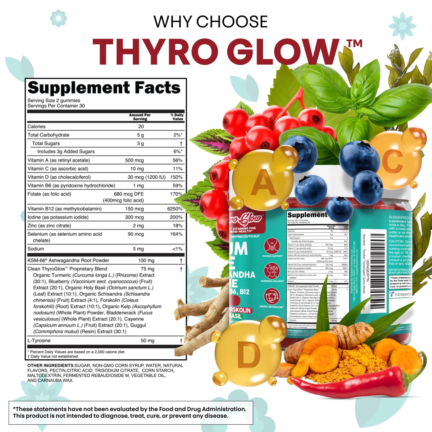 ThyroGlow Thyroid Support Gummies Selenium Iodine KSM 66 Ashwagandha L Tyrosine Vitamin D, C, B12, B6 Turmeric Blueberry Holy - dailyvitalstore
