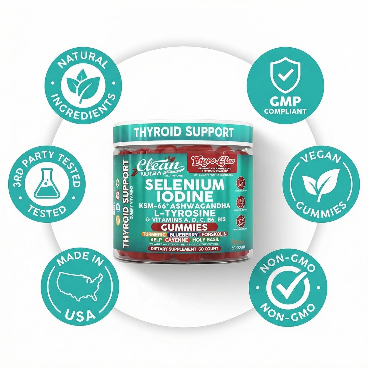 ThyroGlow Thyroid Support Gummies Selenium Iodine KSM 66 Ashwagandha L Tyrosine Vitamin D, C, B12, B6 Turmeric Blueberry Holy - dailyvitalstore