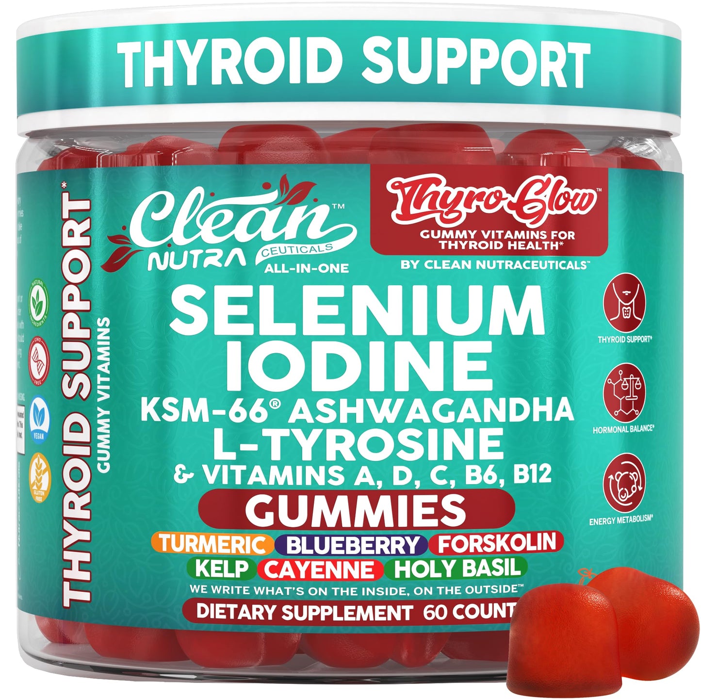 ThyroGlow Thyroid Support Gummies Selenium Iodine KSM 66 Ashwagandha L Tyrosine Vitamin D, C, B12, B6 Turmeric Blueberry Holy - dailyvitalstore