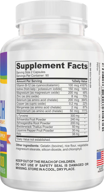 Thyroid Support (3-Month) Supplement All-in-1 with 14 Active Ingredients in 1 Formula | Thyroid Health Support Supplements | Women & Men | 90-Day Bulk Supply | 180 Capsules - dailyvitalstore
