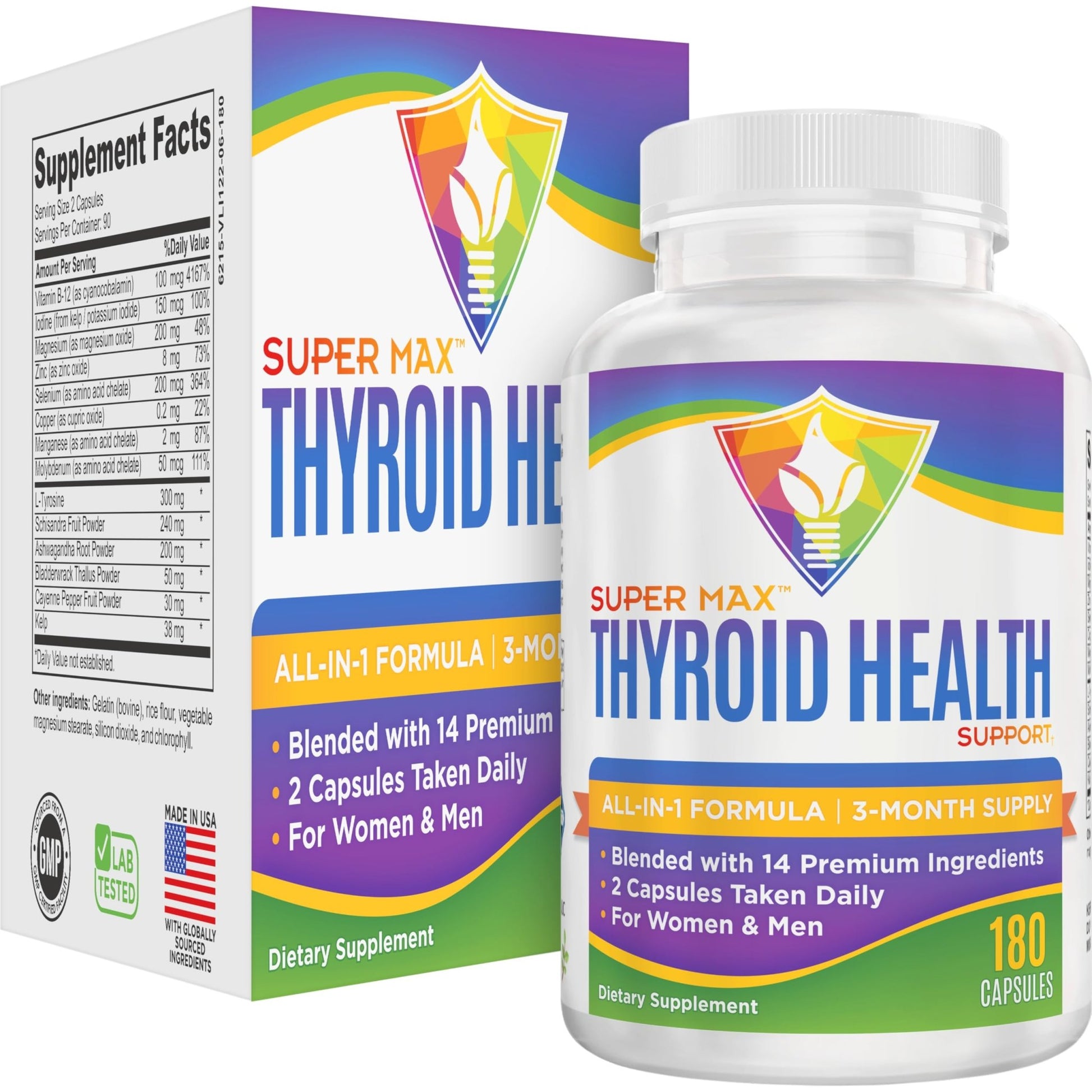 Thyroid Support (3-Month) Supplement All-in-1 with 14 Active Ingredients in 1 Formula | Thyroid Health Support Supplements | Women & Men | 90-Day Bulk Supply | 180 Capsules - dailyvitalstore