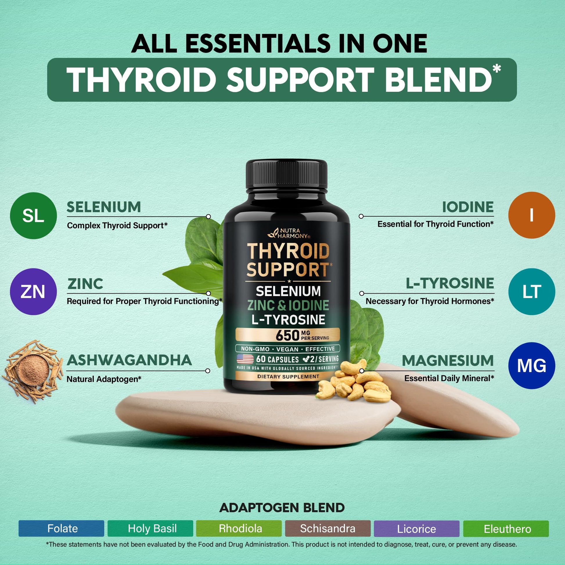 Thyroid Support for Women - Selenium 200 mcg | Astragalus | Zinc & Iodine | L-Tyrosine | Adaptogen Herbs - 21-in-1 Antioxidant & Immune Support - Made in USA - Vegan, Non-GMO, Lab Tested - 60 Capsules - dailyvitalstore