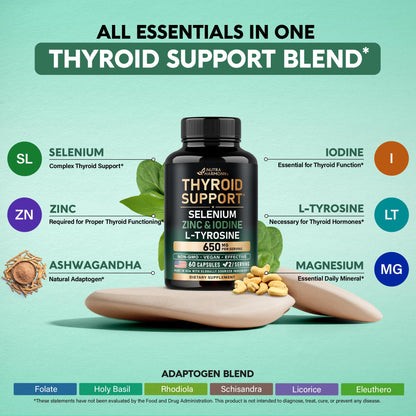 Thyroid Support for Women - Selenium 200 mcg | Astragalus | Zinc & Iodine | L-Tyrosine | Adaptogen Herbs - 21-in-1 Antioxidant & Immune Support - Made in USA - Vegan, Non-GMO, Lab Tested - 60 Capsules - dailyvitalstore
