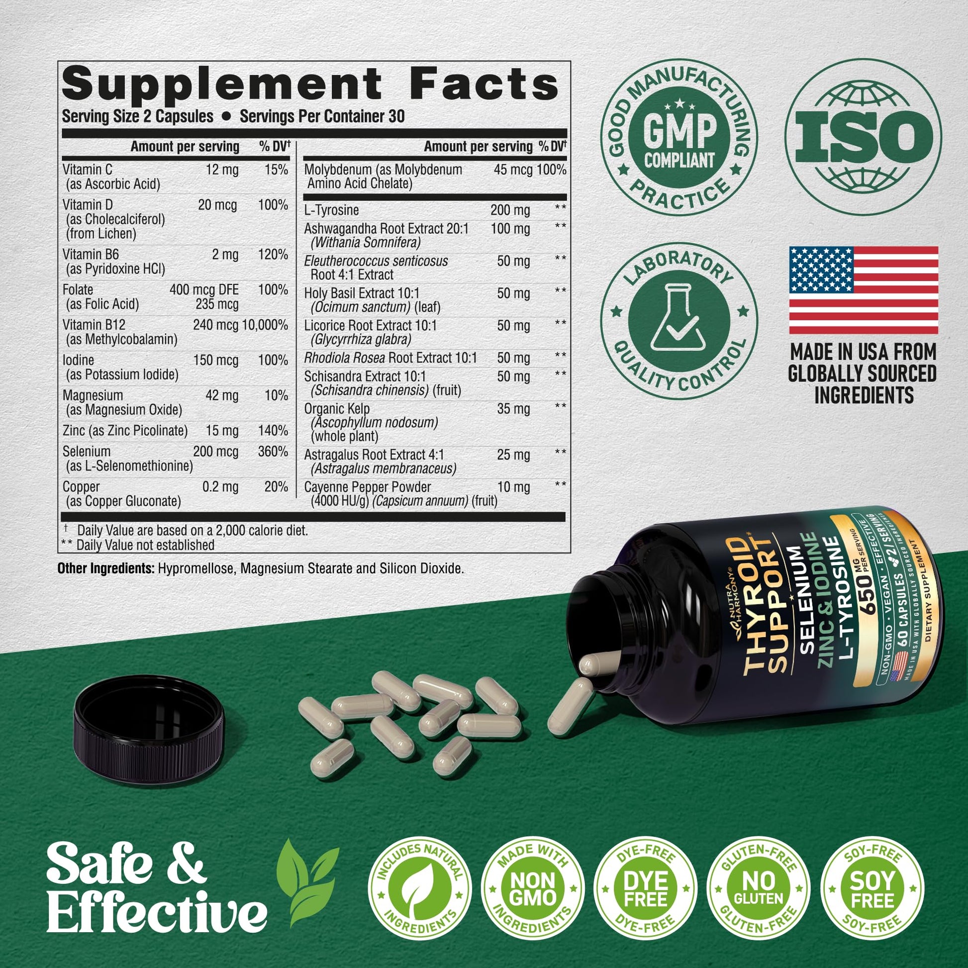 Thyroid Support for Women - Selenium 200 mcg | Astragalus | Zinc & Iodine | L-Tyrosine | Adaptogen Herbs - 21-in-1 Antioxidant & Immune Support - Made in USA - Vegan, Non-GMO, Lab Tested - 60 Capsules - dailyvitalstore