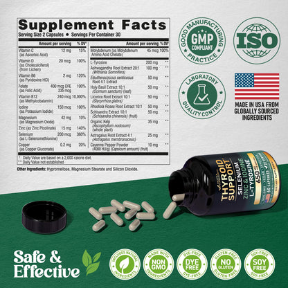 Thyroid Support for Women - Selenium 200 mcg | Astragalus | Zinc & Iodine | L-Tyrosine | Adaptogen Herbs - 21-in-1 Antioxidant & Immune Support - Made in USA - Vegan, Non-GMO, Lab Tested - 60 Capsules - dailyvitalstore