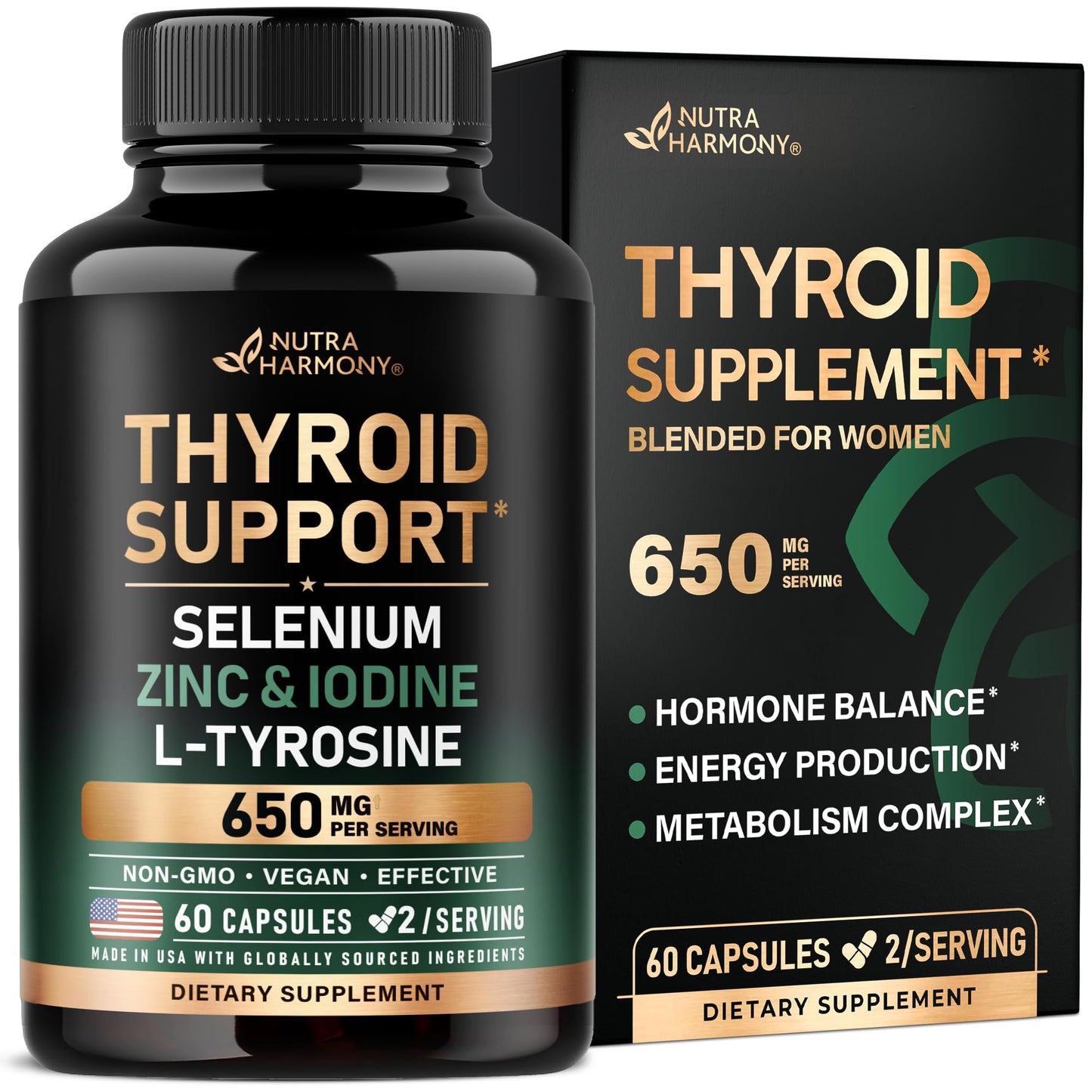 Thyroid Support for Women - Selenium 200 mcg | Astragalus | Zinc & Iodine | L-Tyrosine | Adaptogen Herbs - 21-in-1 Antioxidant & Immune Support - Made in USA - Vegan, Non-GMO, Lab Tested - 60 Capsules - dailyvitalstore