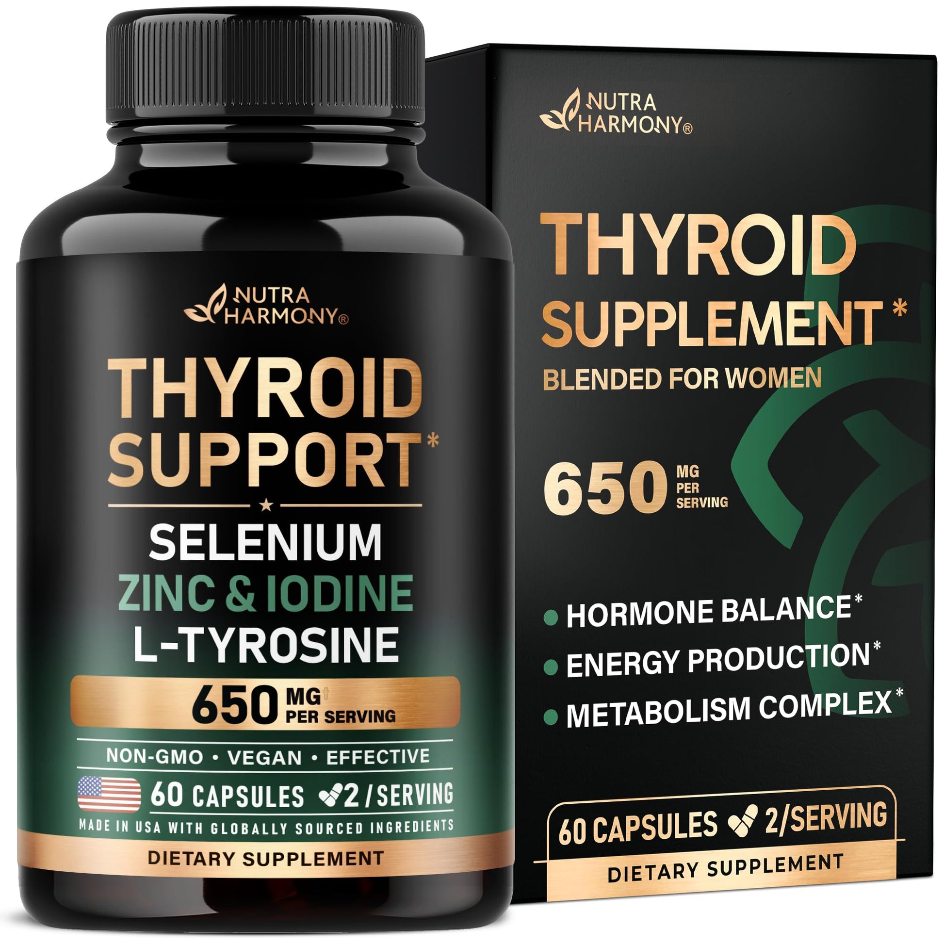 Thyroid Support for Women - Selenium 200 mcg | Astragalus | Zinc & Iodine | L-Tyrosine | Adaptogen Herbs - 21-in-1 Antioxidant & Immune Support - Made in USA - Vegan, Non-GMO, Lab Tested - 60 Capsules - dailyvitalstore