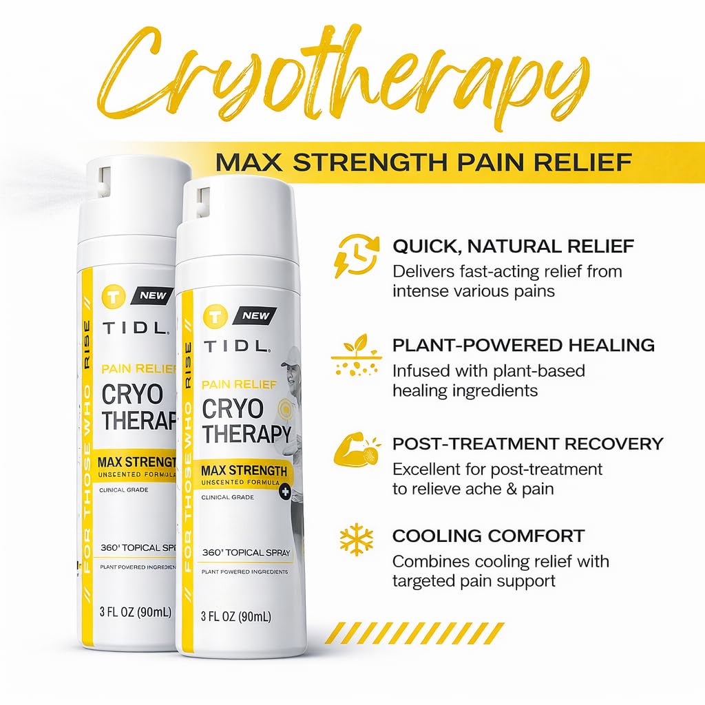 TIDL Cryotherapy Pain Relief Spray, 3 Oz (Pack of 2) Max Strength for Fast-Acting Muscle, Joint & Neck Pain Relief, Plant-Based Menthol & Camphor Pain Reliever, Quick Drying Formula - dailyvitalstore