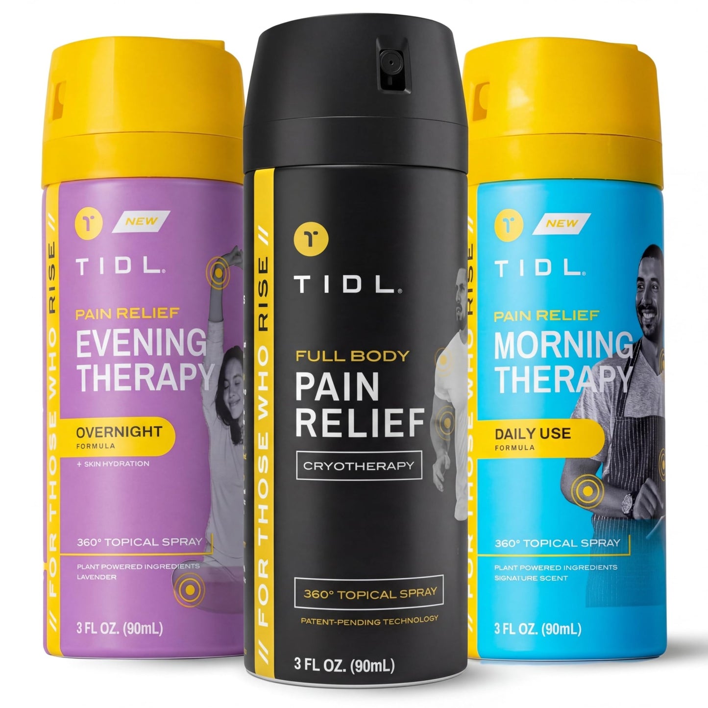 TIDL Pain Relief Spray Bundle – Morning, Cryotherapy & Evening Therapy – 3 x 3oz Sprays for Muscle, Joint, Neck, Back & Knee Pain Relief – Plant-Based Menthol Day & Night Care - dailyvitalstore