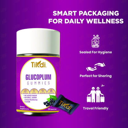 TIKDI GlucoPlum Gummy - 30 Count - Supports Healthy Blood Sugar Levels Already Within Normal Range. All Natural with Indian BlackBerry, Fenugreek, Cinnamon, Vegan, No Added Sugar - dailyvitalstore