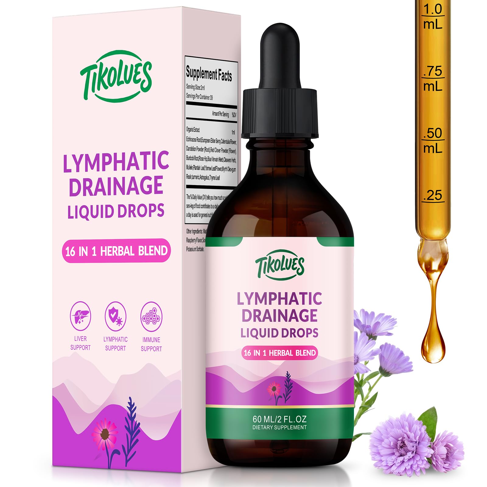 TIKOLUES Lymphatic Drainage Drops | Organic Lymphatic Cleanse Immune Support Supplement | Lymphatic Support with Echinacea & Elderberry | Herbal Blend | Non-GMO | 2 Fl Oz - dailyvitalstore