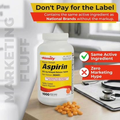 TIME-Cap Labs 1000 Regular Strength Aspirin 325mg – Delayed Release Enteric Coated Tablets for Minor Aches and Pains, NSAID Pain Reliever & Fever Reducer for Adults and Children 12 Years and Older - dailyvitalstore