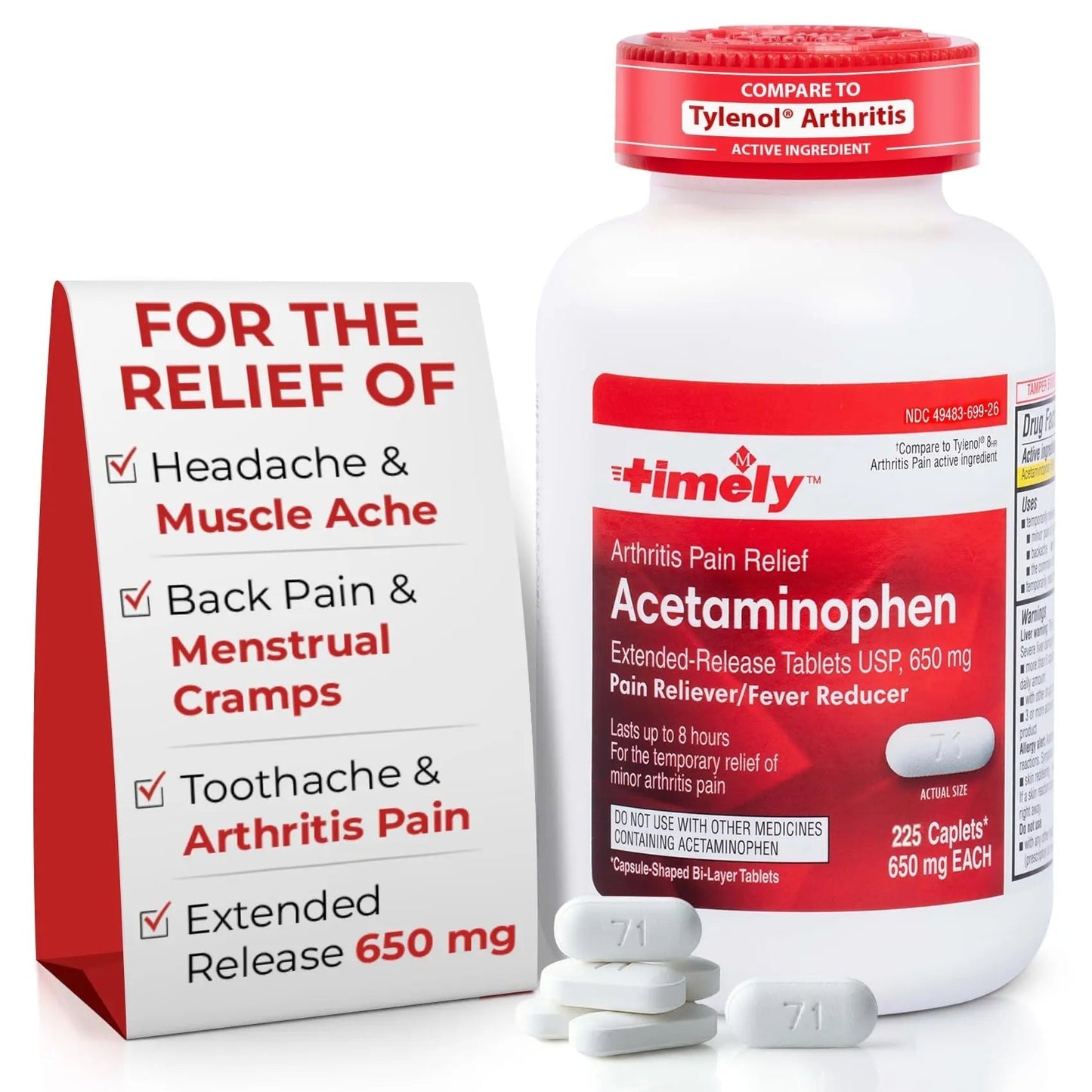 TIME-Cap Labs 225 Caplets Extended Release Acetaminophen 650mg - Pain Reliever & Fever Reducer for Adults, Helps with Headaches, Backaches, Muscle Pain, Toothaches & Menstrual Cramps - dailyvitalstore