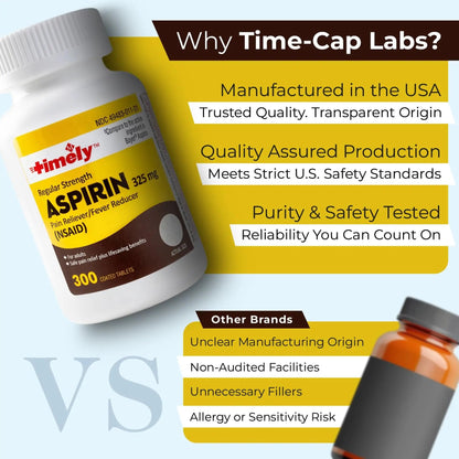 TIME-Cap-Labs 300 Count Regular Strength Aspirin 325mg for Adults - Compared to Bayer - Coated Regular Strength Aspirin Tablets - Pain Reliever for Minor Aches and Pains - dailyvitalstore