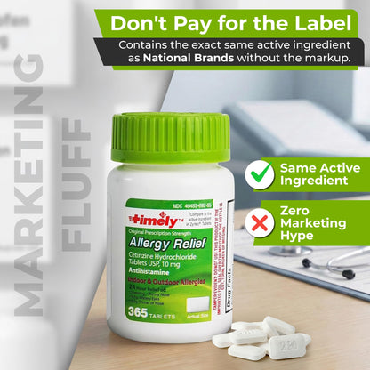 TIME-Cap Labs 365 Tablets Cetirizine HCl 10mg Allergy Relief - Antihistamine for Adults & Children Age 6+, Helps Relieve Sneezing, Runny Nose, Itchy Watery Eyes & Itchy Throat - dailyvitalstore
