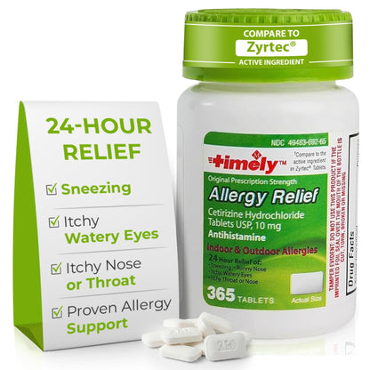 TIME-Cap Labs 365 Tablets Cetirizine HCl 10mg Allergy Relief - Antihistamine for Adults & Children Age 6+, Helps Relieve Sneezing, Runny Nose, Itchy Watery Eyes & Itchy Throat - dailyvitalstore