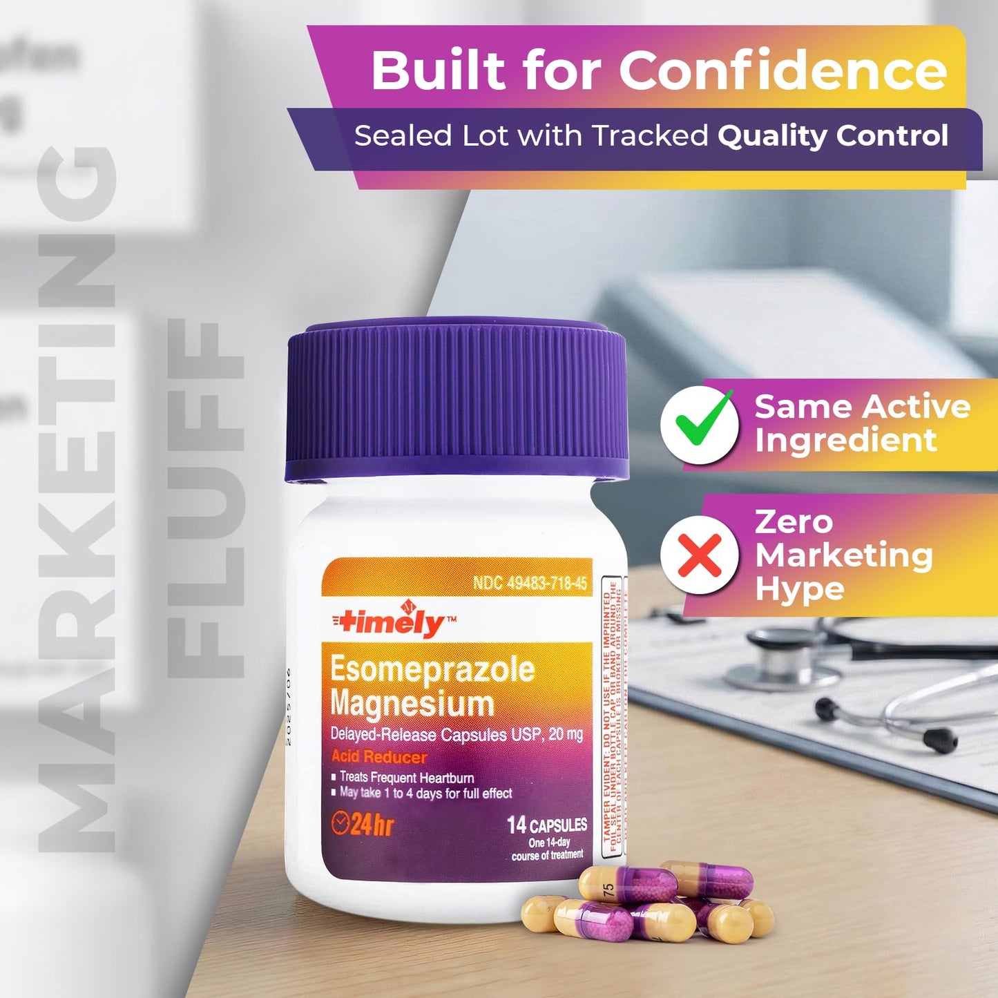 TIME-Cap Labs 42 Capsules Esomeprazole Magnesium 20mg Delayed Release - Acid Reducer & Frequent Heartburn Relief for Adults, Helps with Acid Reflux & Heartburn - dailyvitalstore