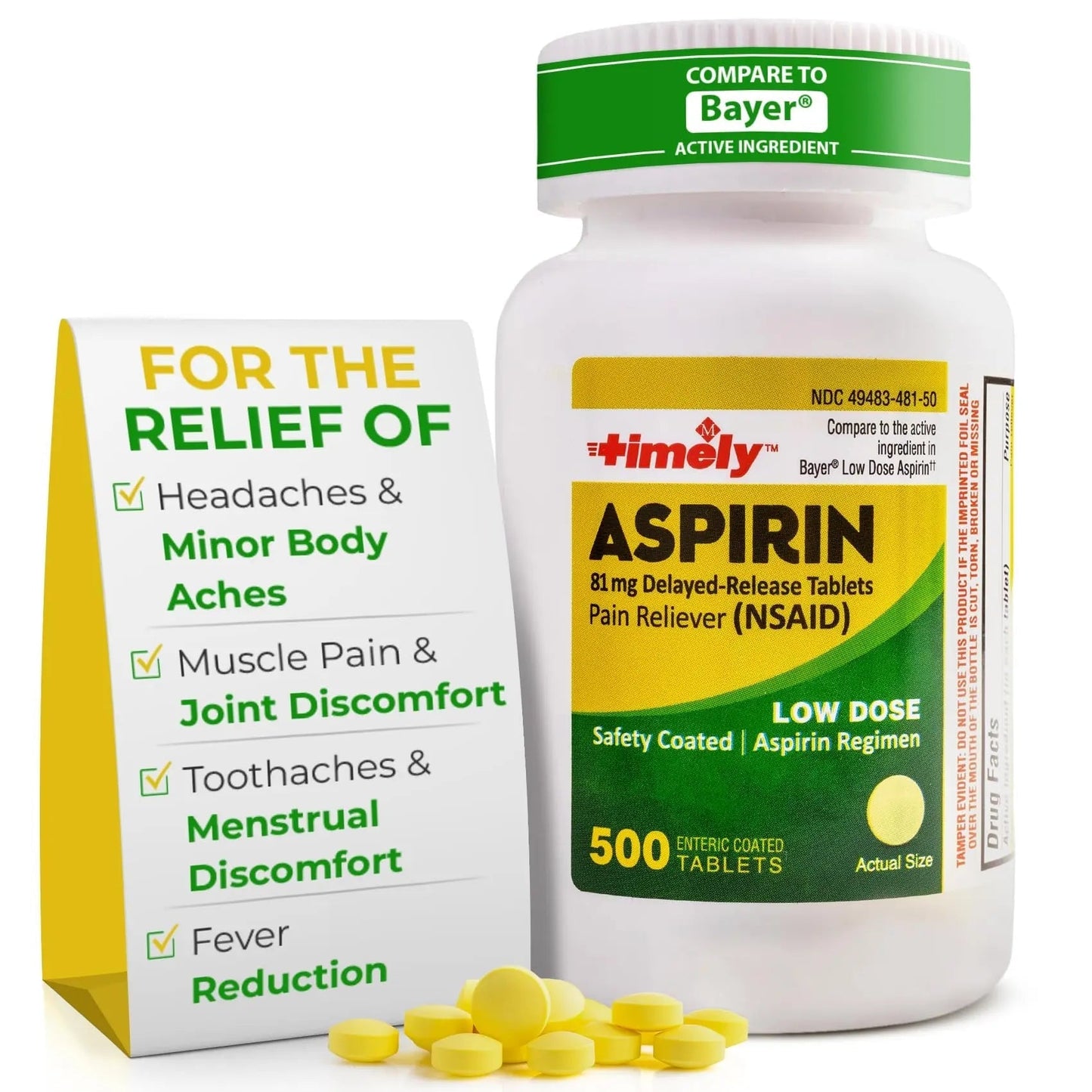 TIME-Cap Labs 500 Tablets Low Dose Aspirin 81mg Enteric Coated - NSAID Pain Reliever & Fever Reducer for Adults, Helps with Minor Aches, Headaches, Muscle Pain, Toothaches, and Joint Discomfort - dailyvitalstore