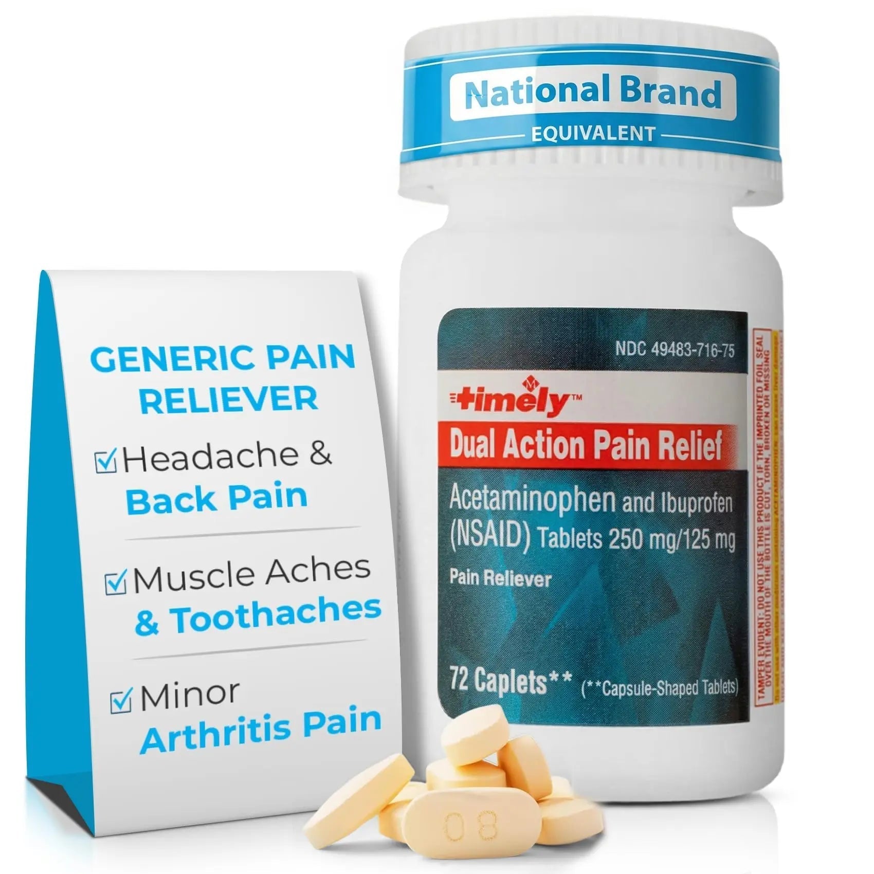 TIME-Cap Labs Dual Action Pain Reliever Acetaminophen 250mg & Ibuprofen 125mg – Back Pain, Arthritis & Headache Relief – National Brand Equivalent, Factory Direct NSAID - 72 Caplets - dailyvitalstore