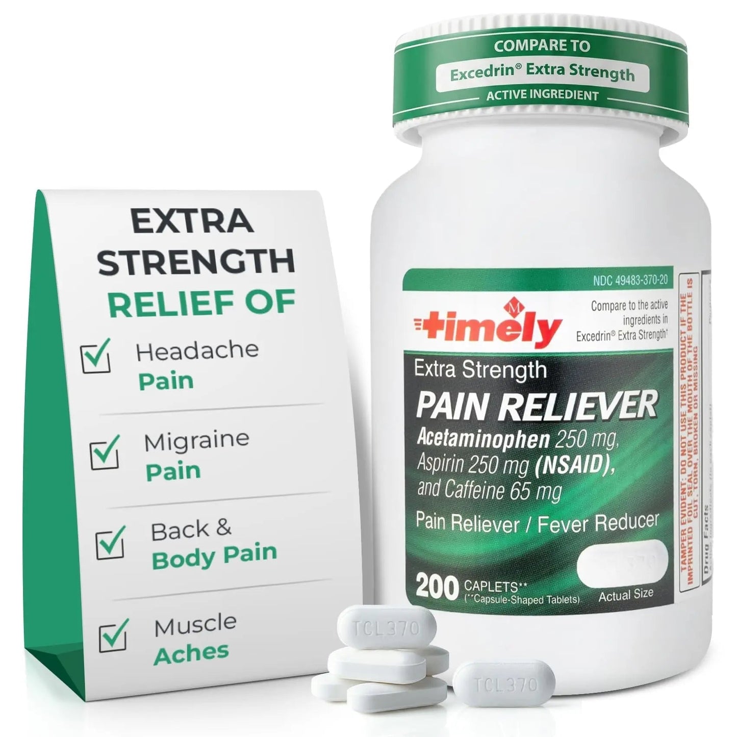 TIME-Cap Labs Extra Strength Acetaminophen 250mg with Aspirin 250mg & Caffeine 65mg Caplets - Triple Action Pain Reliever for Migraines & Headache Relief, Muscle Aches & Body Pain (200 Count) - dailyvitalstore