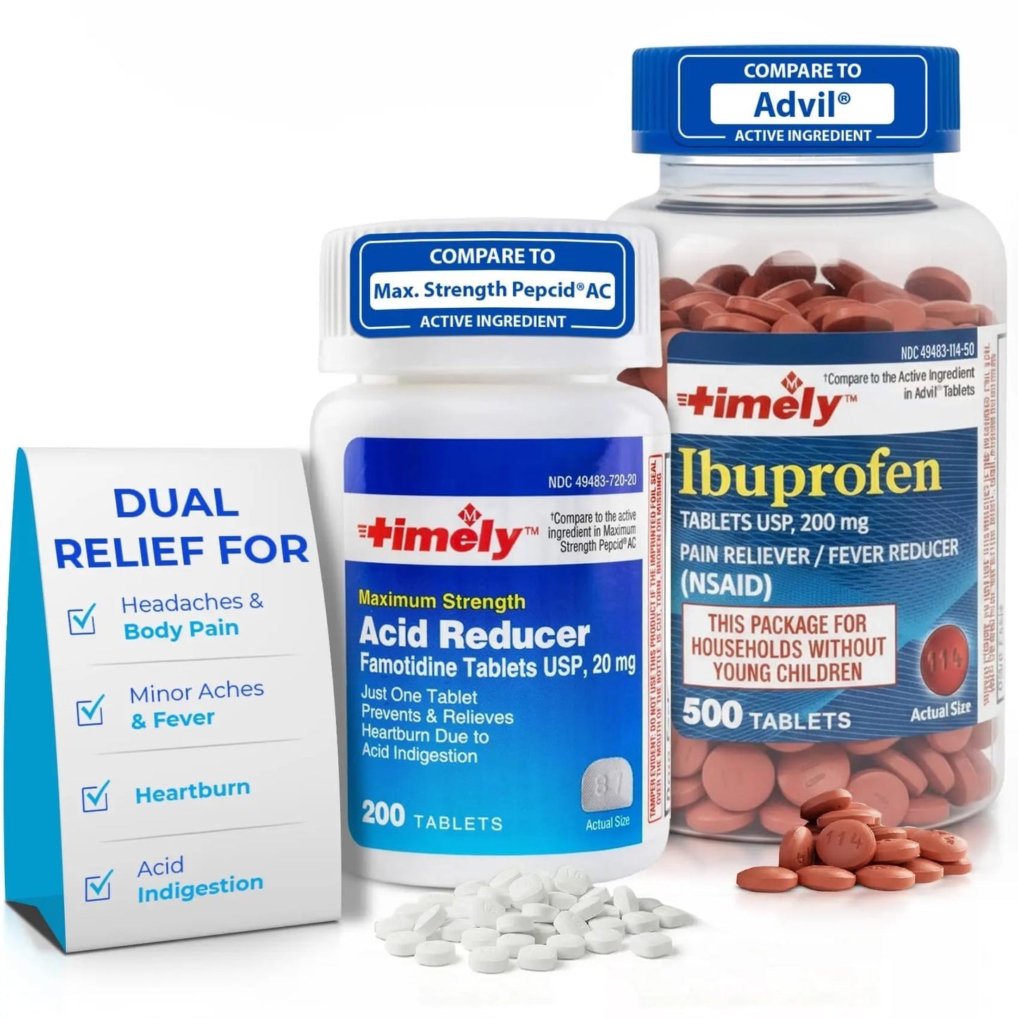 TIME-Cap Labs Ibuprofen 200mg (500 Tablets) & Famotidine 20mg Acid Reducer (200 Tablets) Bundle - Fever, Pain Reliever Pills for Headaches & Heartburn Relief Medicine for Acid Reflux & Indigestion - dailyvitalstore