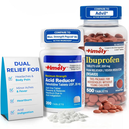 TIME-Cap Labs Ibuprofen 200mg (500 Tablets) & Famotidine 20mg Acid Reducer (200 Tablets) Bundle - Fever, Pain Reliever Pills for Headaches & Heartburn Relief Medicine for Acid Reflux & Indigestion - dailyvitalstore