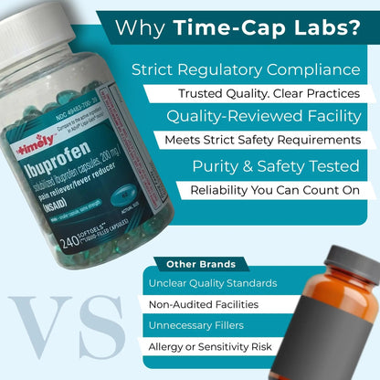TIME-CAP LABS, INC. Timely Ibuprofen 200mg - 240 Liquid Mini Softgels - Headache Relief, Menstrual Pain, Tooth Ache Muscular Aches & Arthritis Pain - dailyvitalstore