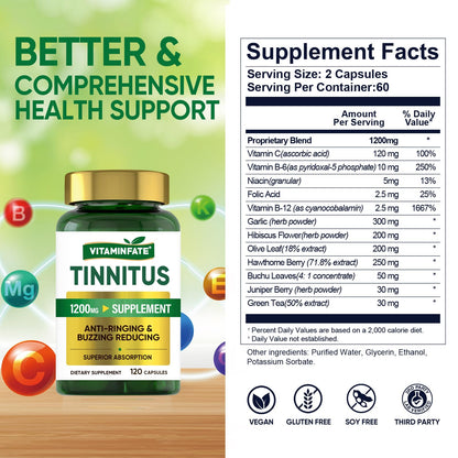 Tinnitus Relief for Ringing Ears 1200mg - 120 Capsules Advanced Ear Health Support Supplement | Supports Ear Health and Reduces Tinnitus Symptoms - Non-GMO & Vegan - dailyvitalstore