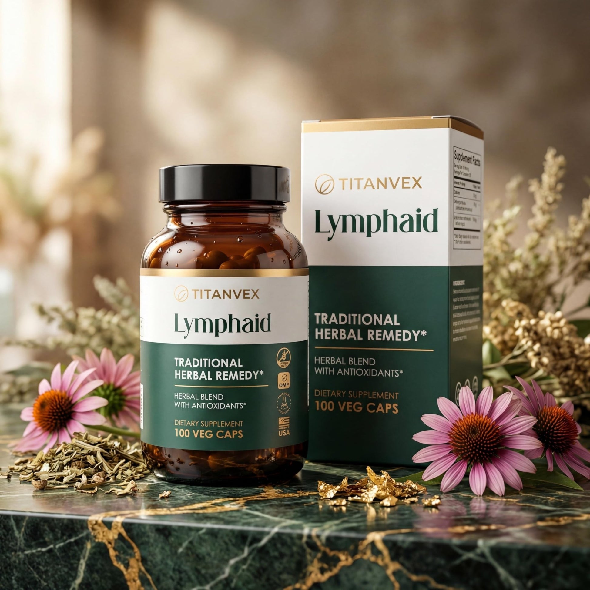 TitanVex Lymphaid - Lymphatic Drainage Supplement 100 Vegan Capsules, Herbal Lymphatic Support with Echinacea and Dandelion, Antioxidant, Respiratory and Urinary Wellbeing - dailyvitalstore
