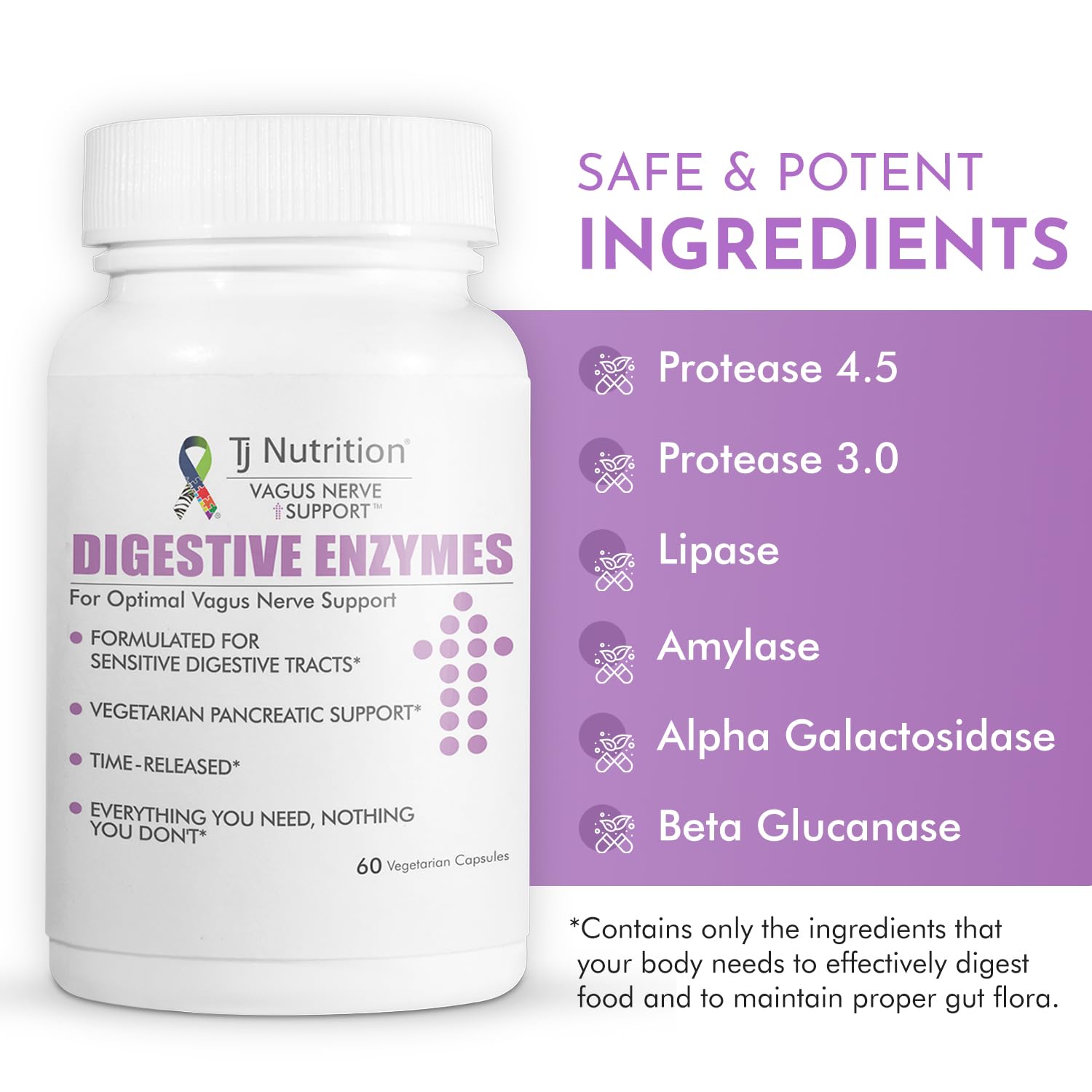 TJ Nutrition Digestive Enzymes for Sensitive Stomachs - Supports Vagus Nerve, Vegetarian Pancreatic Support, Timed Release Formula for Optimal Gut Health, Enhances Food Digestion & Gut Flora - dailyvitalstore