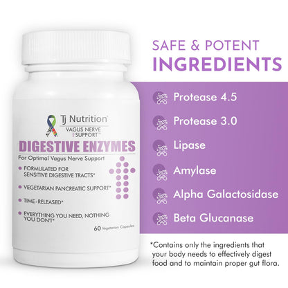 TJ Nutrition Digestive Enzymes for Sensitive Stomachs - Supports Vagus Nerve, Vegetarian Pancreatic Support, Timed Release Formula for Optimal Gut Health, Enhances Food Digestion & Gut Flora - dailyvitalstore