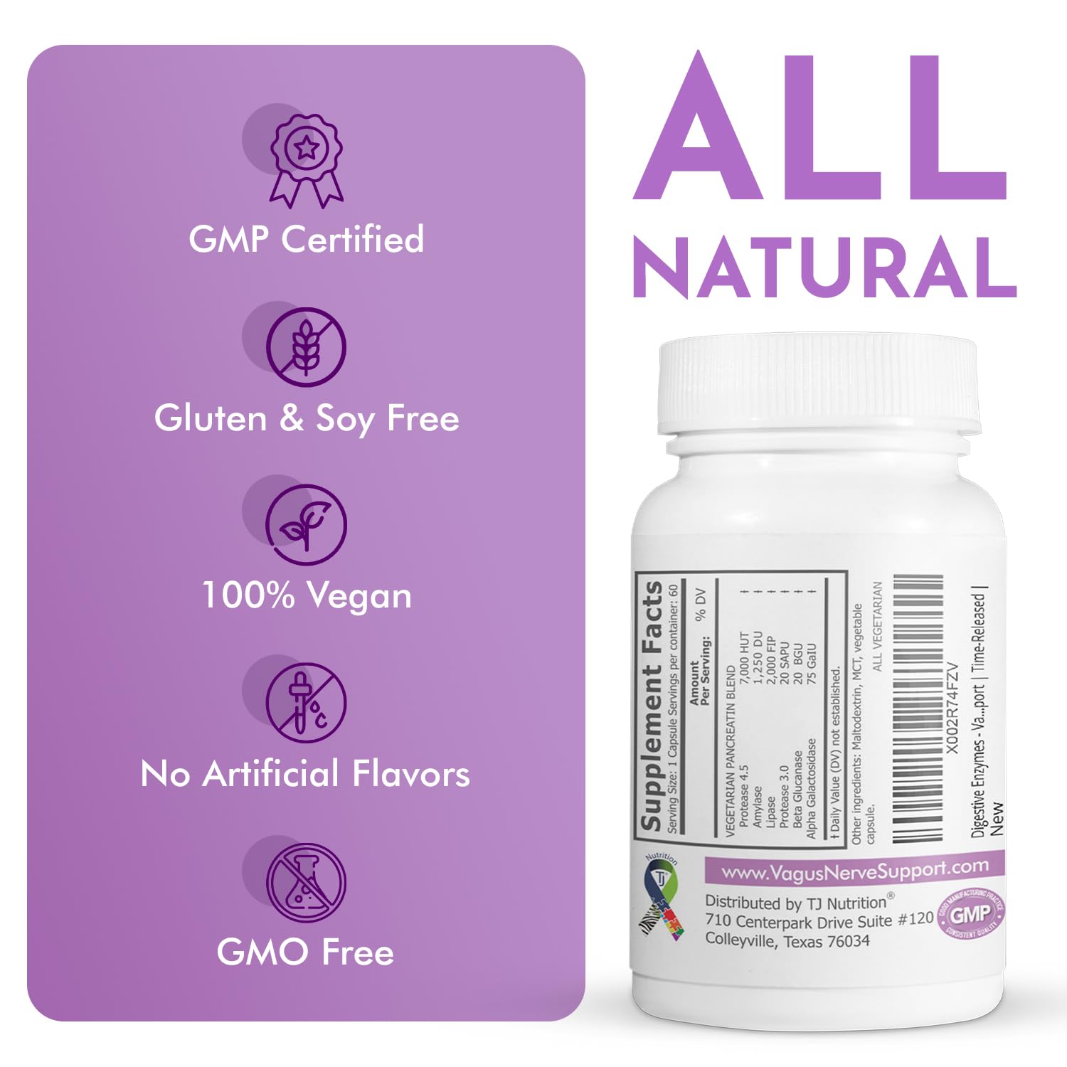 TJ Nutrition Digestive Enzymes for Sensitive Stomachs - Supports Vagus Nerve, Vegetarian Pancreatic Support, Timed Release Formula for Optimal Gut Health, Enhances Food Digestion & Gut Flora - dailyvitalstore