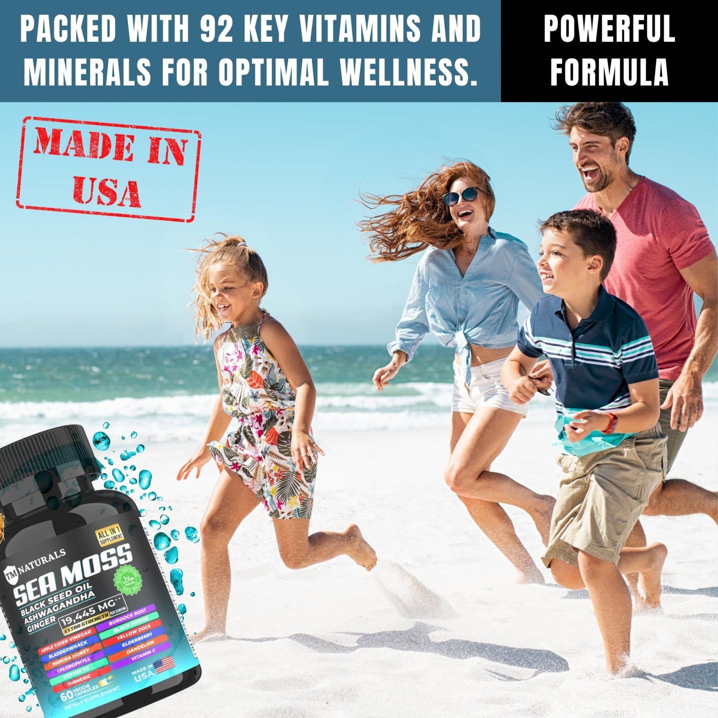 TM NATURALS Sea Moss with Black Seed Oil, Vitamin C, Ashwagandha and Turmeric for Immune Support & Energy - 60 Vegan Capsules + Free Pill Box - dailyvitalstore