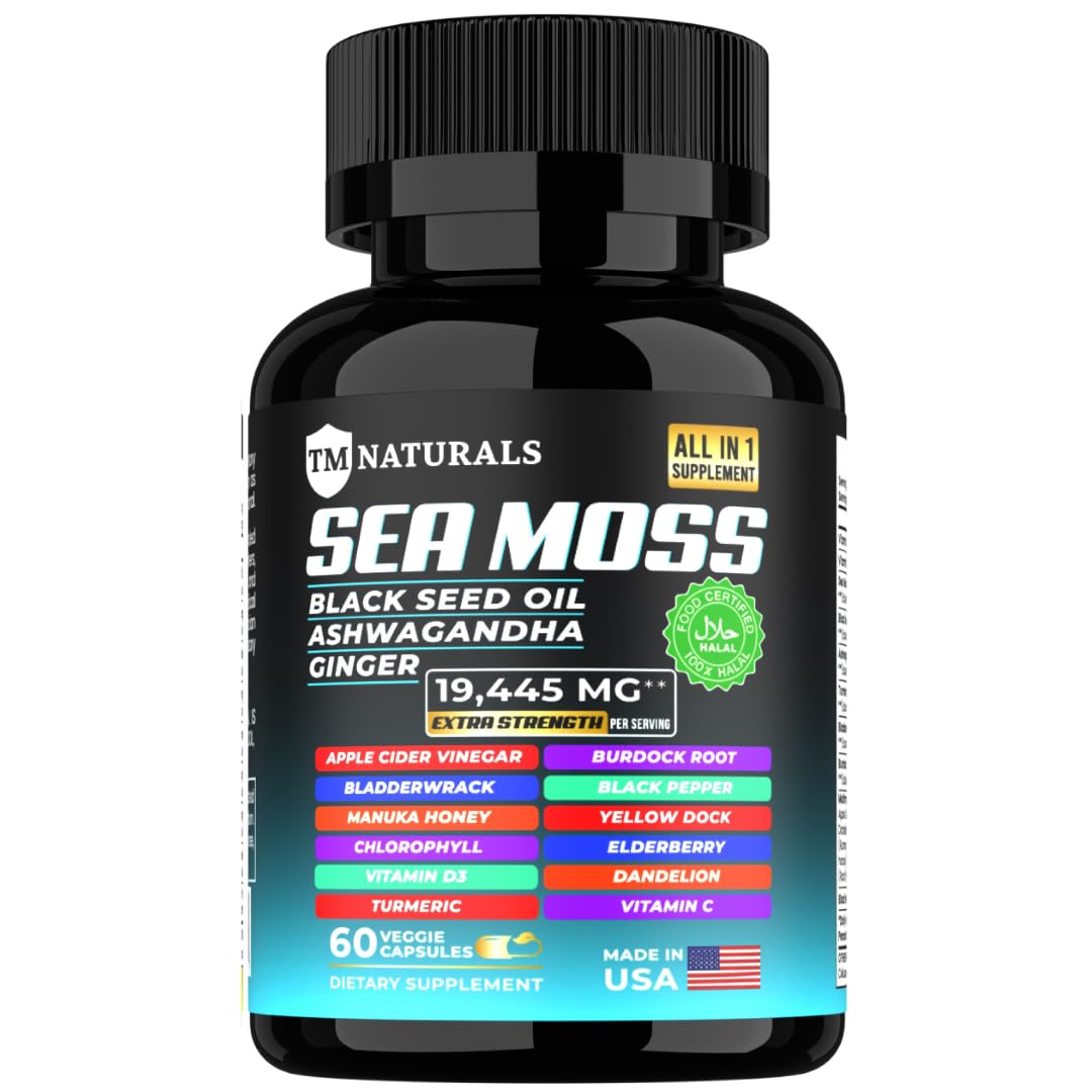 TM NATURALS Sea Moss with Black Seed Oil, Vitamin C, Ashwagandha and Turmeric for Immune Support & Energy - 60 Vegan Capsules + Free Pill Box - dailyvitalstore