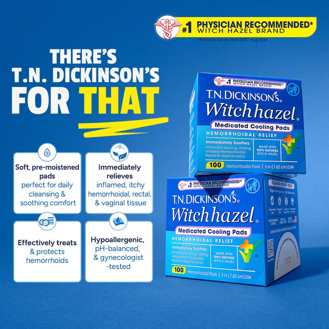 T.N. Dickinson’s Medicated Cooling Pads with Witch Hazel and Aloe | Hemorrhoid Treatment, Postpartum Care, Feminine & Rectal Relief | 100 Rounds - dailyvitalstore