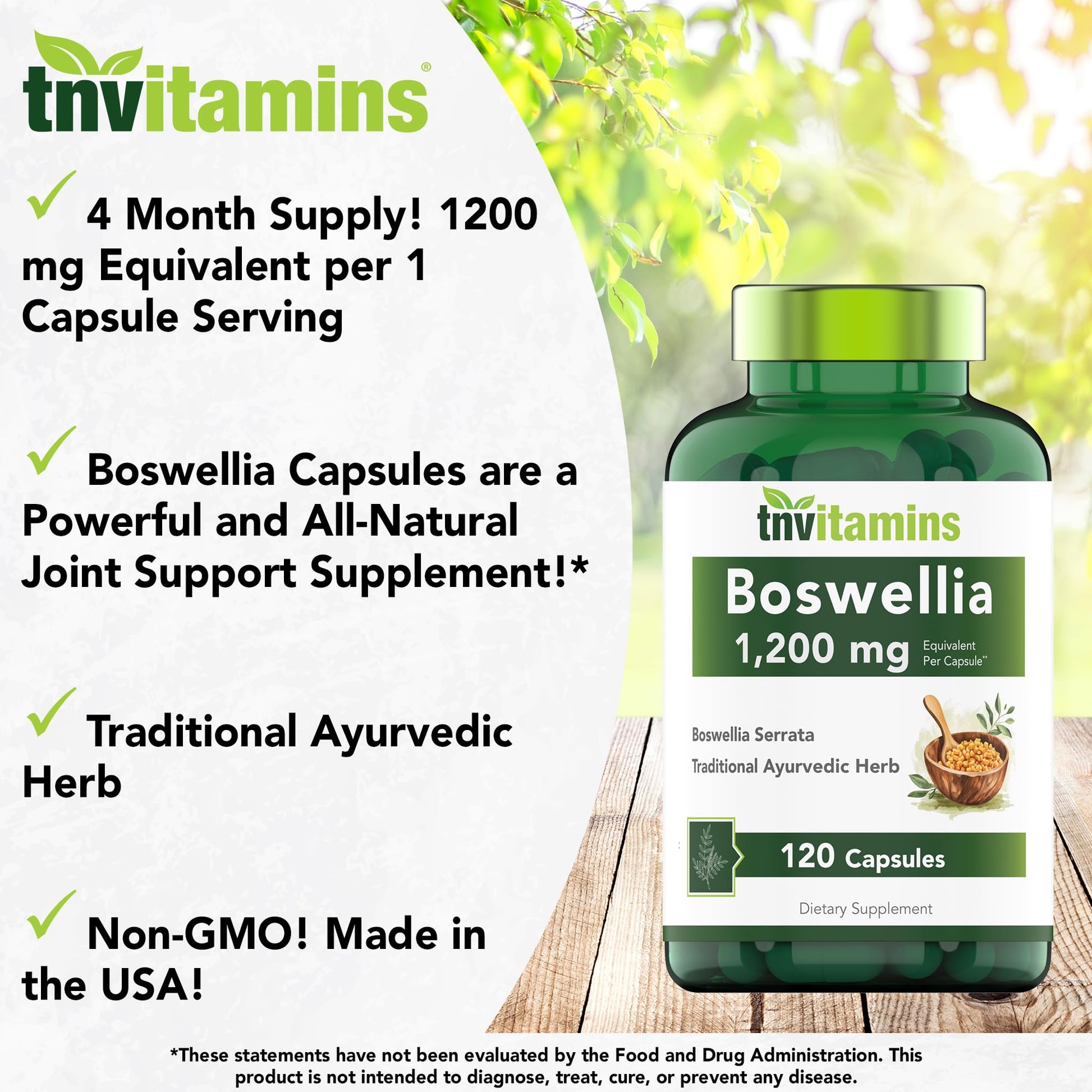 tnvitamins Boswellia Extract Capsules, 120 Count | 1,200 mg Per Capsule | 65% Boswellic Acids + 10:1 Concentrated Extract | Boswellia Serrata - dailyvitalstore