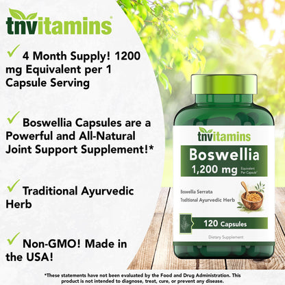 tnvitamins Boswellia Extract Capsules, 120 Count | 1,200 mg Per Capsule | 65% Boswellic Acids + 10:1 Concentrated Extract | Boswellia Serrata - dailyvitalstore