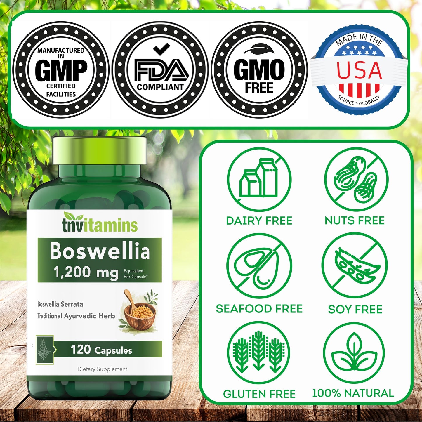 tnvitamins Boswellia Extract Capsules, 120 Count | 1,200 mg Per Capsule | 65% Boswellic Acids + 10:1 Concentrated Extract | Boswellia Serrata - dailyvitalstore