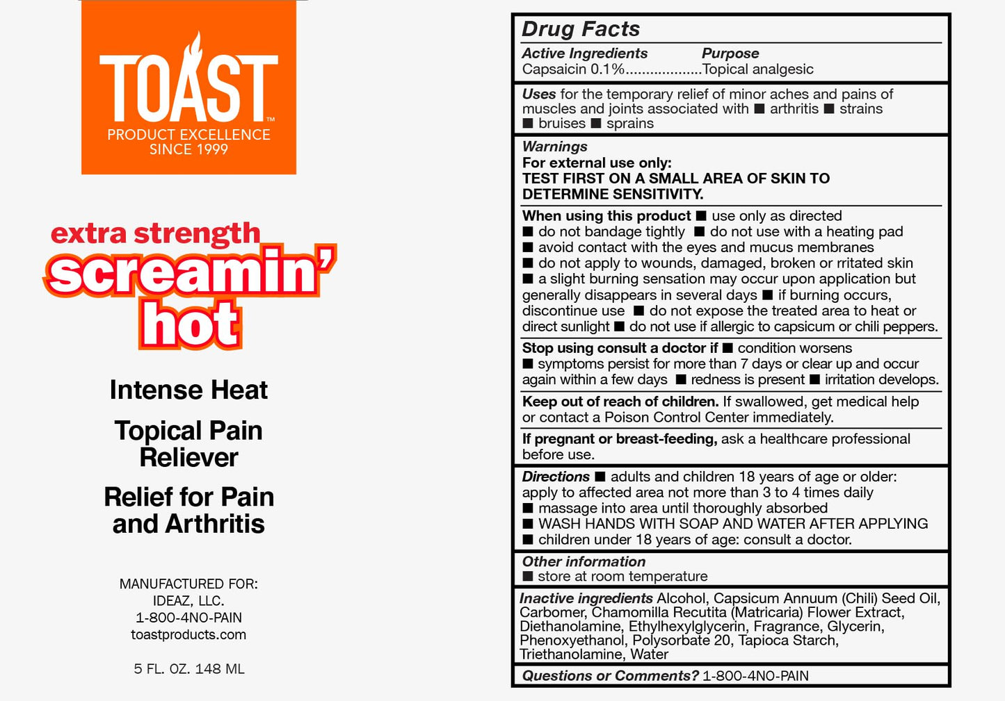 Toast Extra Strength Screamin Hot Intense Heat Topical Pain Relief Cream for Muscles and Joints - 5 Ounces - dailyvitalstore