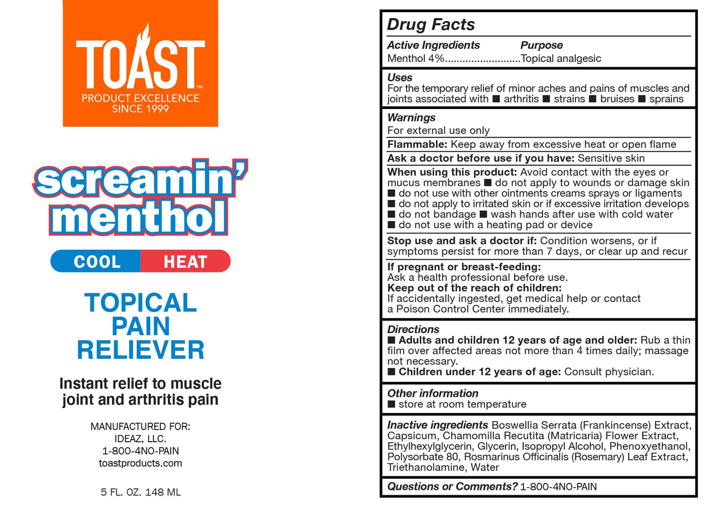 Toast Screamin Menthol Cool Heat Topical Pain Relief Cream for Muscles and Joints - 5 Ounces - dailyvitalstore